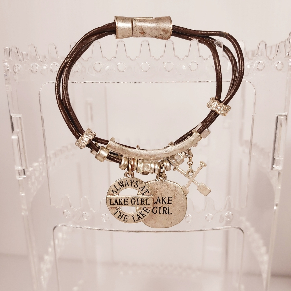 Lake Girl Charm Bracelet Silver TONE brown Cord Gift For Lake Girl